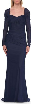 La Femme Long Sleeve Net Jersey Gown with Sweetheart Neckline in Marine Blue at Nordstrom, Size 18