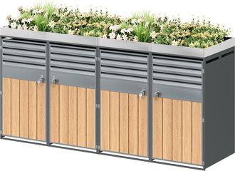 STILVORA Armario Para Cubos De Basura Con Jardinera Integrada, 4 Puertas Con Cerradura Y Lamas De Ventilaci&oacute;n, Acero Gris Madera