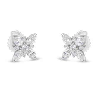 House of Brilliance 14K White Gold Marquise Diamond Flower Stud Earring