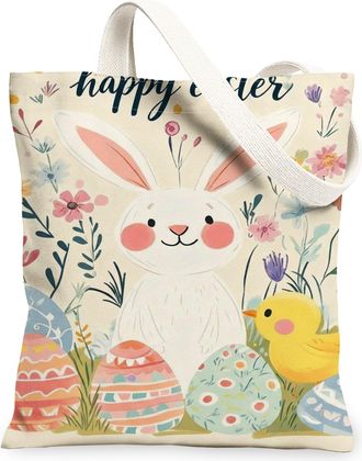 Generic Easter Floral Canvas Tote Bags, Fanciful Bunny and Chick Design Reusable Grocery Bags, Spring Lightweight Washable Shoulder, Multicolor, 13x15 Inch