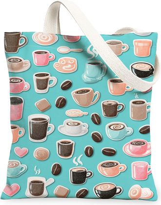 Generic Coffee Pattern Canvas Tote Bags, Fun Beverage Design Reusable Grocery Bags, Lightweight Washable Shoulder Strap Canvas for, Aqua, 13x15 Inch