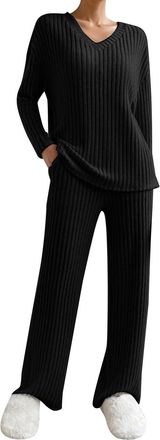 Generic DGHM Lounge Wear Sets for Women UK Ladies Ribbed 2 Piece Outfit Leisure Co Ord Sets Tracksuit Full Set V Neck Long Sleeve Pyjamas Top and Wide Leg Tro