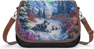 Generic Snowy Landscape Wolf Crossbody Bags for Women Fashion Leather Shoulder Handbags With Adjustable Strap