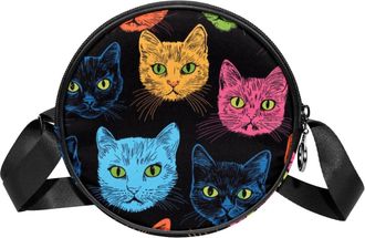 Generic Circle Crossbody Bag for Women, Retro Colorful Cats Small Sling Bag Daypack with Zipper Adjustable Shoulder Straps Casual Ladies Girls Round Purse