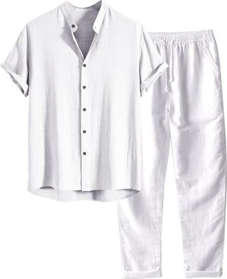 Generic Two-piece mens linen suit, summer leisure suit, plain 2-piece short sleeve, button-up lapel shirt and shorts, beach shirt, short trousers set, beach s