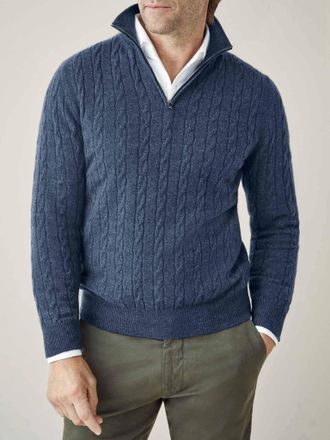 Luca Faloni Atlantic Blue Cashmere (2-Ply) Cable Knit Zip-up