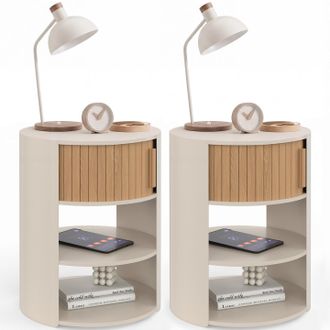 IDMarket Set Di 2 Comodini Rotondi Tono Beige Con 1 Ante Scorrevoli Effetto Doghe, Tavolino Ausiliario