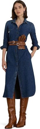 Lauren Ralph Lauren Horsebit-Trim Belted Denim Shirtdress Womens Dress Atecco Wash : 4, Cotton/Denim