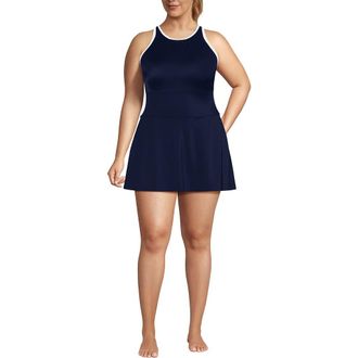 Lands End Plus Size Tugless High Neck Swim Dress Swimsuit in Deep Sea Navy/white at Nordstrom, Size 16W