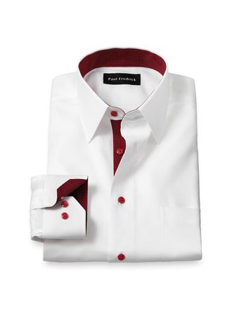 Paul Fredrick Comfort Stretch Non-iron Solid Dress Shirt With Contrast Trim