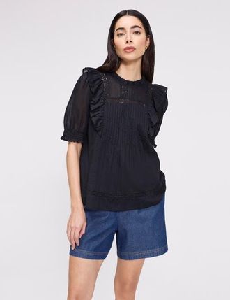 Finery Jolin Puff Sleeve Cotton Top in Black at Nordstrom, Size 14