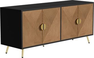 Urban Meuble Aparador efecto madera cepillada negro 4 puertas tiradores dorados