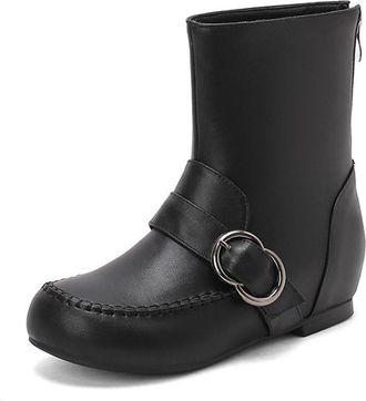 Generic Womens Round Toe Ankle Boots Metal Ring Buckle PU Leather Side Zipper Boots for Daily Casual Streetwear Office,Black,3.5 UK