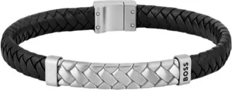 BOSS Black braided leather cuff with herringbone hardware