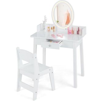 Costway Costway - Set Toeletta per Bambini con Sgabello, Cassetti e Specchio Staccabile, Toeletta per Bambini in Legno, Con Luce Regolabile, Ideale per