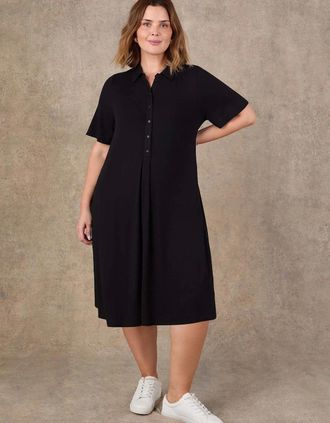 Live Unlimited London Womens Black Half Placket Jersey Midi Shirt Dress - Size: 24