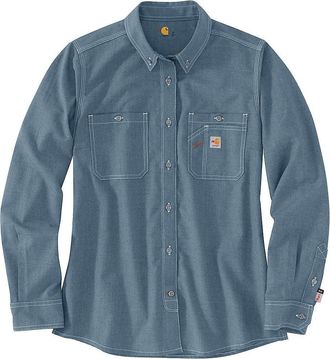 Carhartt Work in Progress Fr Force Shirts Womens Steel Blue Long Sleeve Button Down RED02