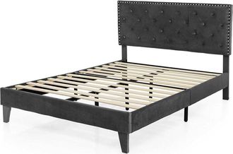 Costway Estructura de Cama Tapizada, 200 x 140 cm, Marco de Cama con Cabecero Acolchado, Somier de Láminas de Madera Carga 450kg