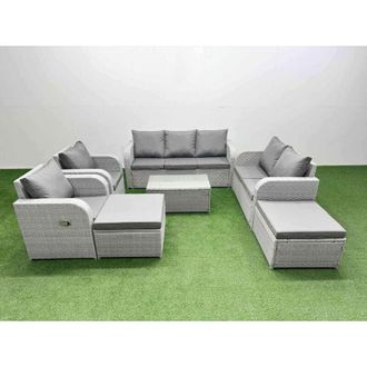 Fimous Pe Rattan Garden Furniture Set Adjustable Chair Sofa Double Love Seat 2 Seater Sofa Lounge Set Oblong Coffee Table 2 Big Footstool Light Grey - Fimous