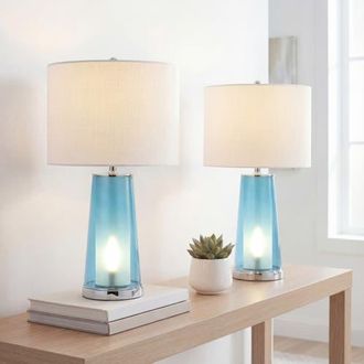 Jonathan Y Designs Tryon 26 Modern Minimalist Glass/Iron Nightlight LED Table Lamp in Clear Blue/chrome at Nordstrom