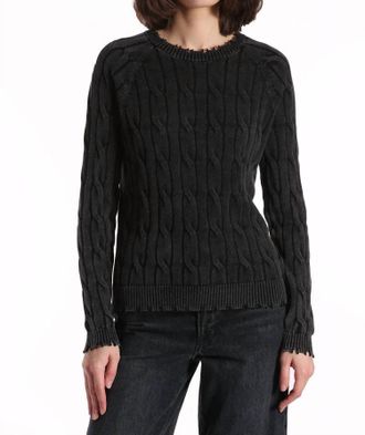 Minnie Rose Cotton Stone Wash Distressed Cable Crew Top In Black
