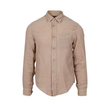 Blauer Linnen Overhemd met Lange Mouwen en Zak - Heren - Casual Overhemden - Beige - L - Linnen - Overhemden