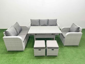 Fimous Patio PE Wicker 8 Seater Outdoor Rattan Furniture Sofa Sets w/ Rectangular Dining Table Reclining Chair Loveseat Sofa 3 Seater Sofa Stool