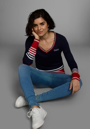 Kangaroos V-Ausschnitt-Pullover KANGAROOS, Damen, Gr. 32/34, blau (marine, rot), Feinstrick, Obermaterial: 50% Baumwolle, 50% Polyacryl, gestreift, Basic h&uuml;ftbe