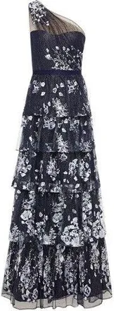 Notte By Marchesa One-shoulder embellished tiered tulle gown Size 36