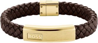 BOSS Brown braided leather cuff with gold-tone logo plate