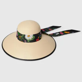 Gucci Panama Twill Hat With Silk Ribbon, Black