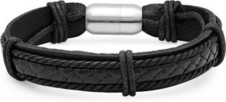Steeltime Mens Stainless Steel Charm & Braided Leather Bracelet in Black at Nordstrom Rack