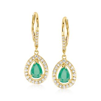 Ross-Simons Emerald and. Diamond Drop Earrings in 14kt Yellow Gold