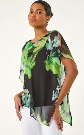Roman Floral Print Asymmetric Overlay Top