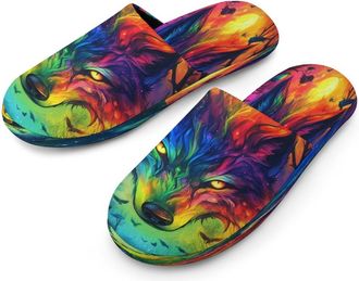 Generic Wolf Colorful Moon Mens Cotton Slippers Memory Foam Comfort House Shoes Winter Indoor Slipper for Hotel Casa Spa