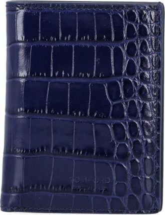 Tom Ford Accessoires, Heren, Blauw, ONE Size, Leer, Opvouwbare Kaarthouder met Krokodillenprint