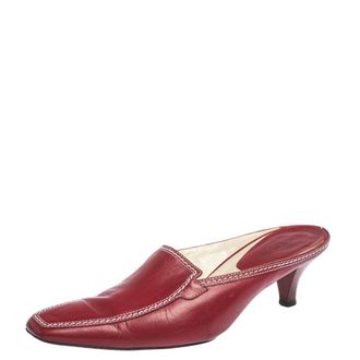 Tod's Tods Red Leather Loafer Slide Kitten Heel Mules