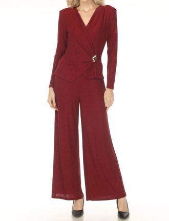 Joseph Ribkoff Shimmery Faux Wrap Wide Leg Jumpsuit In Deep Cherry