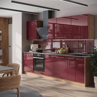 Vicco Mueble De Cocina Fame-line, Rojo Burdeos Alto Brillo/roble Dorado, 280 Cm, Et M&aacute;rmol, Vicco