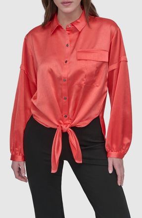 DKNY Tie Front Satin Shirt in Coral Crus at Nordstrom, Size X-Large