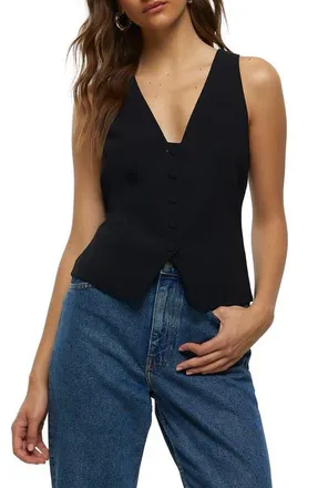 River Island Button-Up Vest in Black at Nordstrom, Size 8