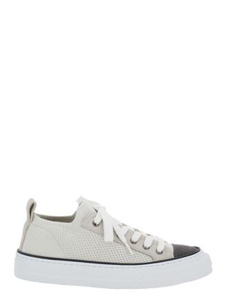 Brunello Cucinelli White Low Top Sneaker With Tab On The Heel In Cotton Knit Woman