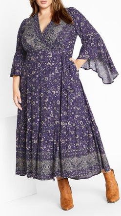 City Chic Adhara Mixed Print Long Sleeve Maxi Dress in Blue Floral at Nordstrom, Size Xxl