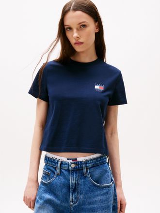 Tommy Jeans Kurzarmshirt TOMMY JEANS TJW REG SH TOMMY US FLAG SS TEE, Damen, Gr. XL (42), blau (schwarz night navy), Single Jersey, Obermaterial: 100% Baumwolle, 