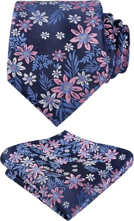 Alizeal Mens Floral Tie with Pocket Square Fashion Elegant Wedding Business Necktie Set, Navy+Pink+White