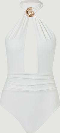 Karen Millen Womens Shell Hardwear Halterneck Swimsuit - White Nylon - Size X-Small
