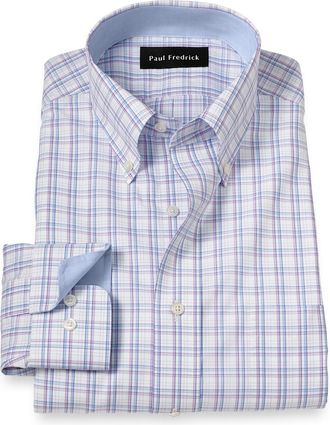 Paul Fredrick Tailored Fit Non-iron Cotton Plaid Dress Shirt With Contrast Trim