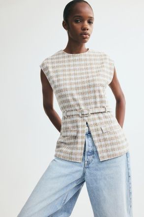 H&M Belted Boucl&eacute;-knit Top in Light Dusty Blue/plaid at Nordstrom, Size X-Small