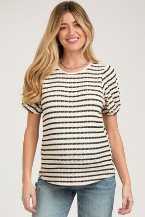 Pinkblush Striped Textured Puff Sleeve Top in Black at Nordstrom, Size Large