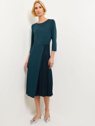 Misook Pleated Contrast Panel Soft Knit Dress, Marine Teal & Black